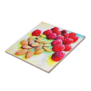 Raspberries and Almonds Watercolor Ceramic Tile
