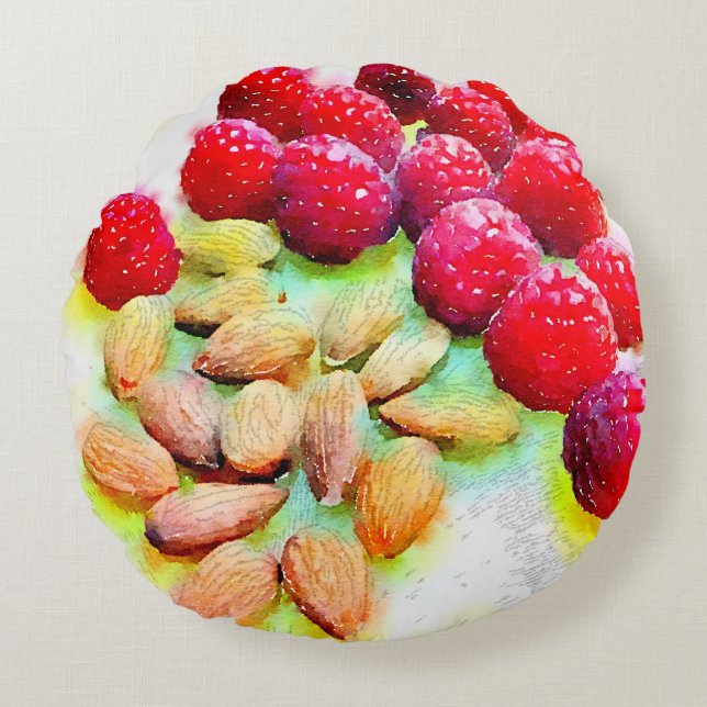 Raspberries and Almonds Watercolor Round Cushion (Front)