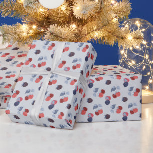 Raspberries, Blackberries, Leaves On Light Blue Wrapping Paper
