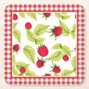 Raspberries on Red Gingham Square Paper Coaster