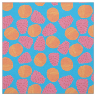 Raspberries, Tangerines on Bright Turquoise Blue Fabric