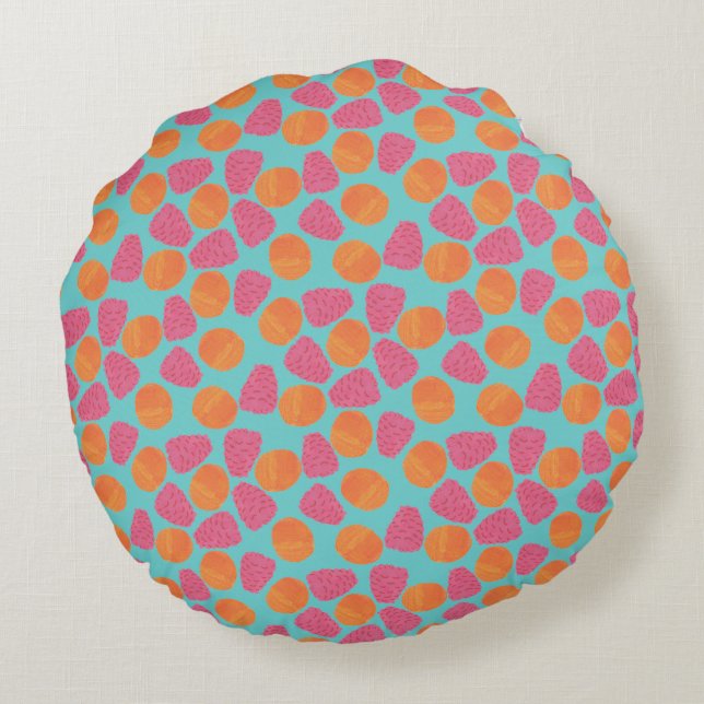 Raspberries, Tangerines on Bright Turquoise Blue Round Cushion (Back)