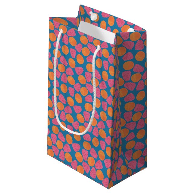 Raspberries, Tangerines on Bright Turquoise Blue Small Gift Bag (Front Angled)