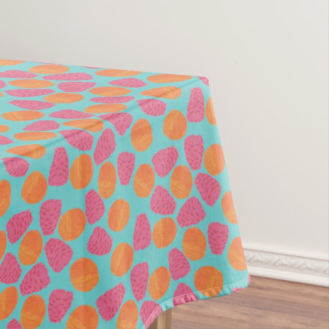 Raspberries Tangerines on Bright Turquoise Blue Tablecloth (In Situ)