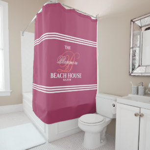 Raspberry and Coral Initial White Stripes Bath Shower Curtain