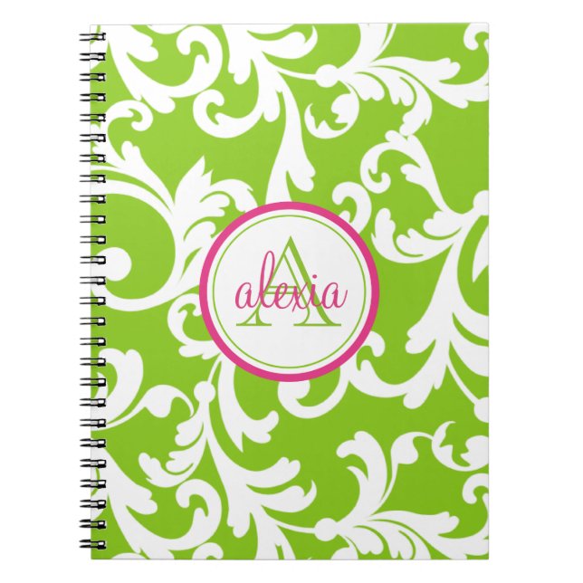 Raspberry and Lime Monogrammed Damask Print Notebook (Front)