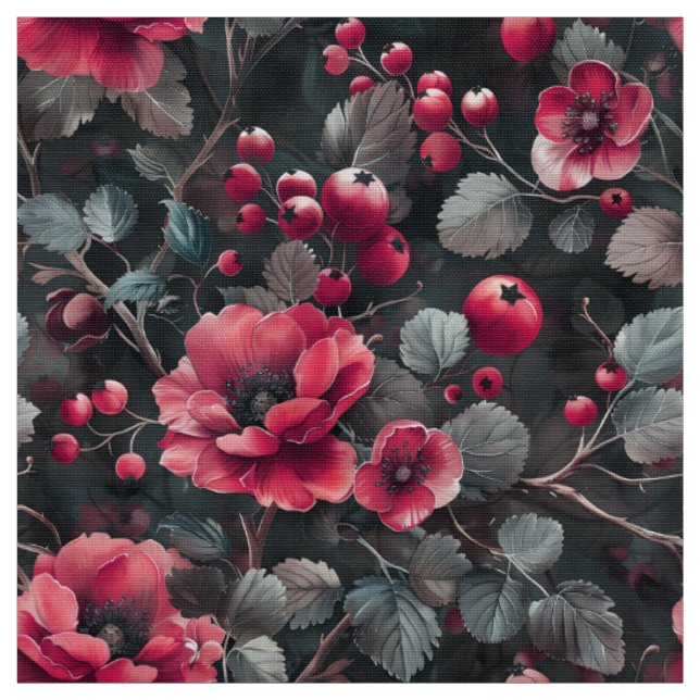 Raspberry, burgundy flowers on dark gray fabric (Swatch)