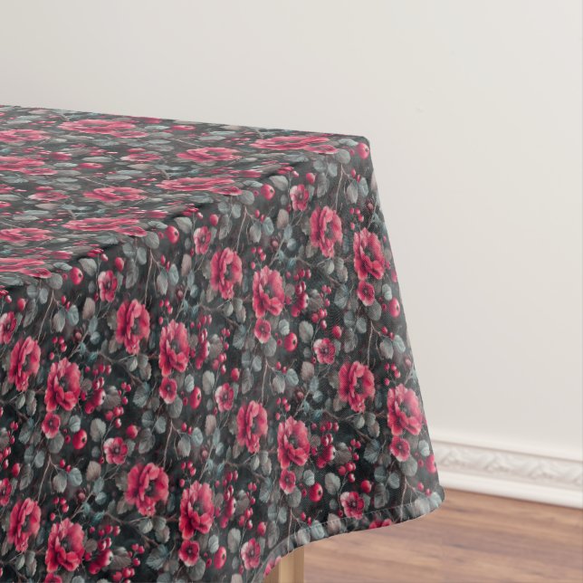Raspberry, burgundy flowers on dark gray tablecloth (In Situ)