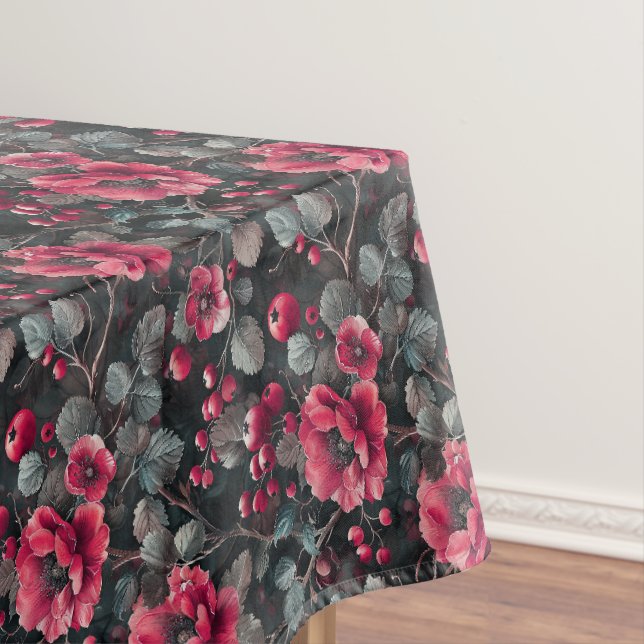 Raspberry, burgundy flowers on dark gray tablecloth (In Situ)