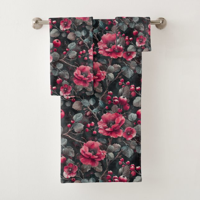 Raspberry, burgundy flowers on dark grey bath towel set (Insitu)