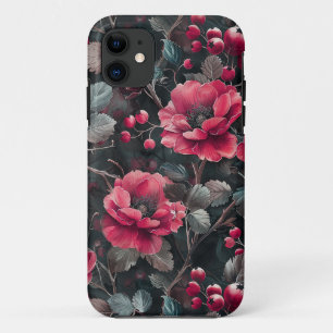 Raspberry, burgundy flowers on dark grey iPhone 11 case