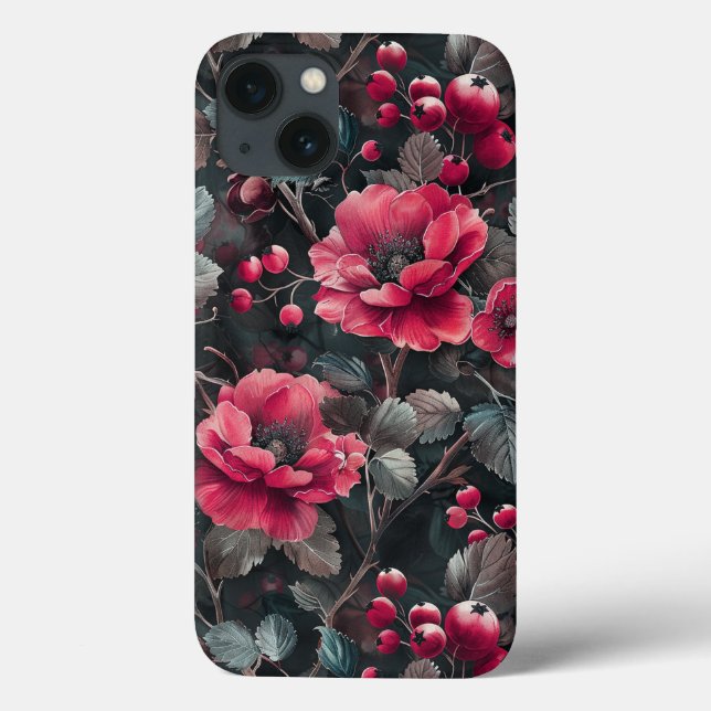 Raspberry, burgundy flowers on dark grey Case-Mate iPhone case (Back)