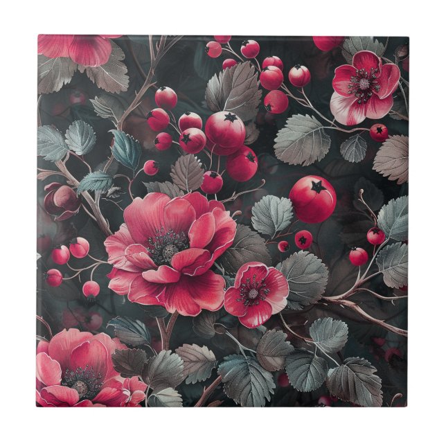 Raspberry, burgundy flowers on dark grey ceramic tile (Front)