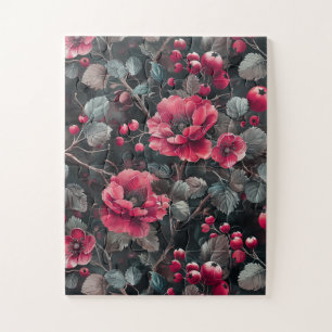 Raspberry, burgundy flowers on dark grey jigsaw puzzle
