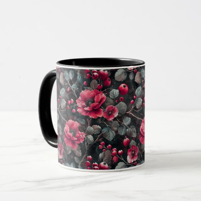 Raspberry, burgundy flowers on dark grey mug (Front Left)
