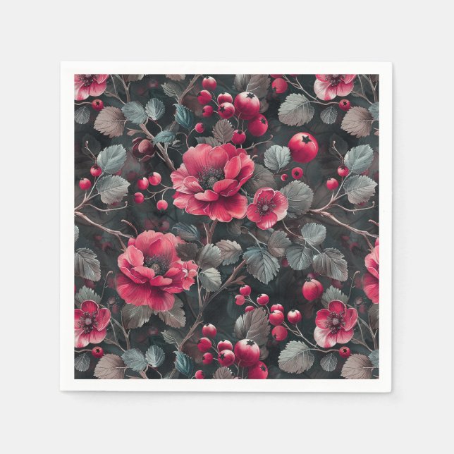 Raspberry, burgundy flowers on dark grey napkin (Front)