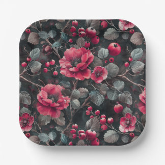 Raspberry, burgundy flowers on dark grey paper plate