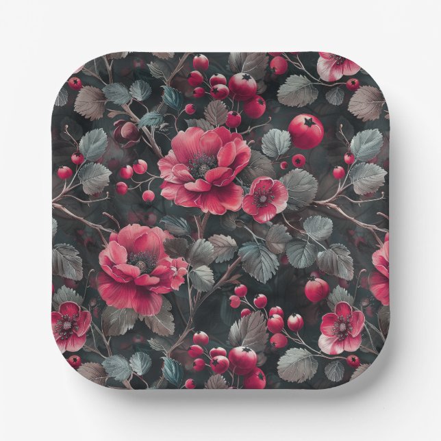Raspberry, burgundy flowers on dark grey paper plate (Front)