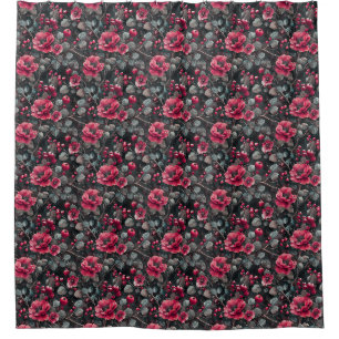 Raspberry, burgundy flowers on dark grey shower curtain