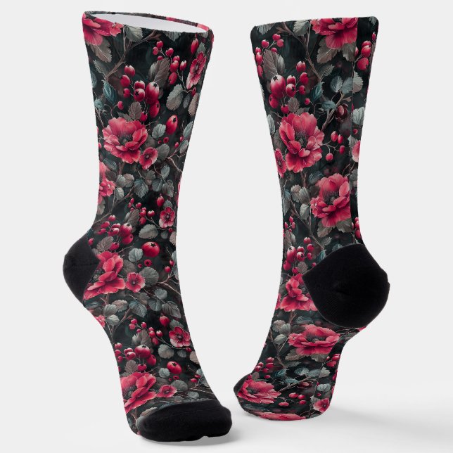 Raspberry, burgundy flowers on dark grey socks (Angled)