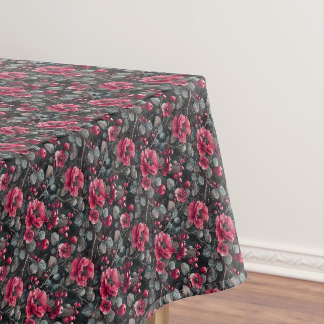 Raspberry, burgundy flowers on dark grey tablecloth (In Situ)
