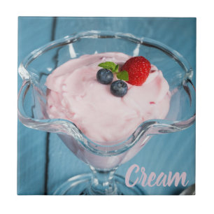 Raspberry Cream Dessert with mint and fruits gift  Ceramic Tile