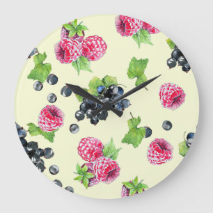 Raspberry, currant watercolor pattern large clock