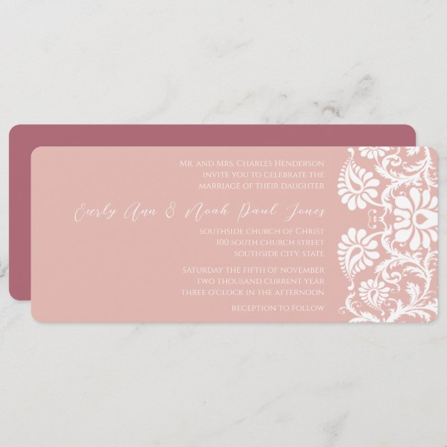 Raspberry Damask Swirls Wedding Invitation (Front/Back)