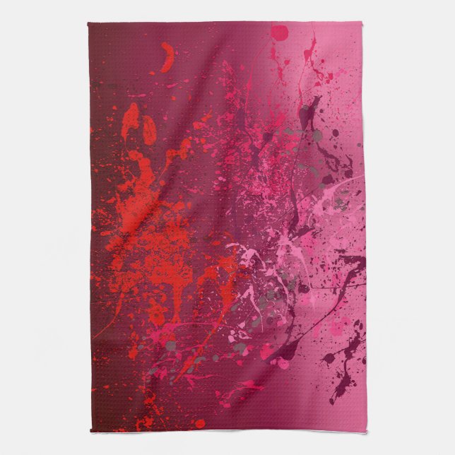 Raspberry Flurry: Abstract spatter art Tea Towel (Vertical)