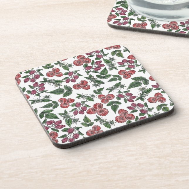 Raspberry Fruit Leaves Illustration Pattern Coaster (Left Side)