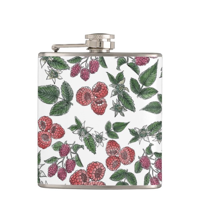 Raspberry Fruit Leaves Illustration Pattern Hip Flask (Front)