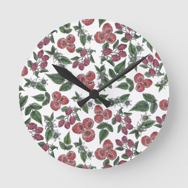 Raspberry Fruit Leaves Illustration Pattern Round Clock (Front)
