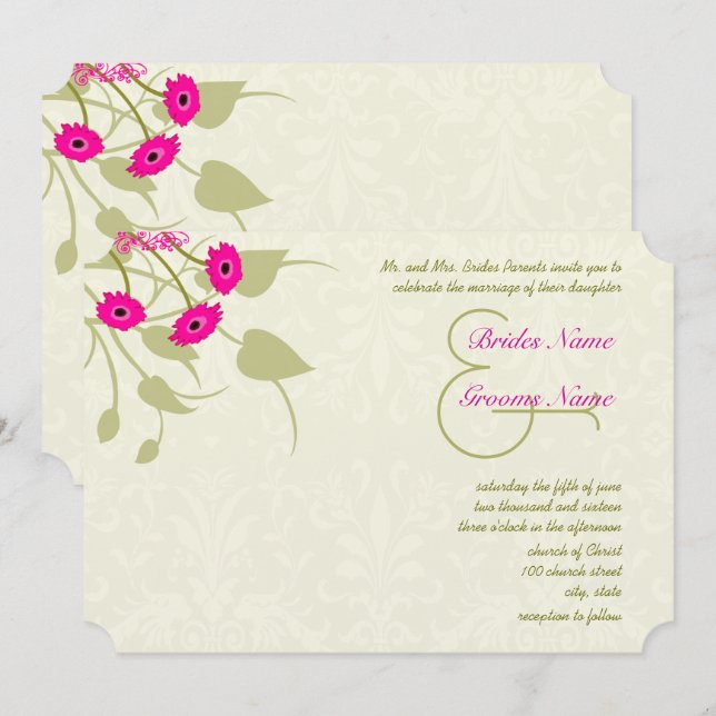 Raspberry Gerber Damask Wedding Invitations (Front/Back)