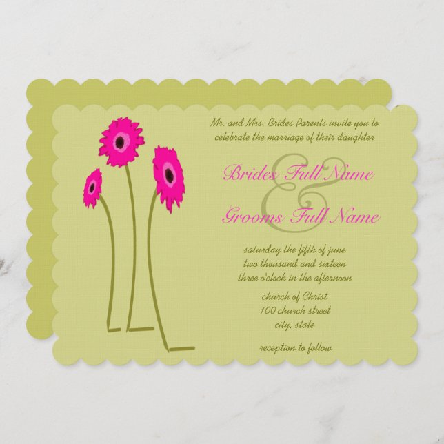 Raspberry Gerbers on Lime Wedding Invitations (Front/Back)