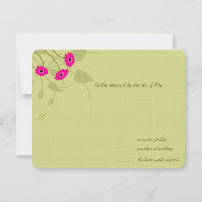 Raspberry Gerbers on Lime Wedding RSVP Card (Front)