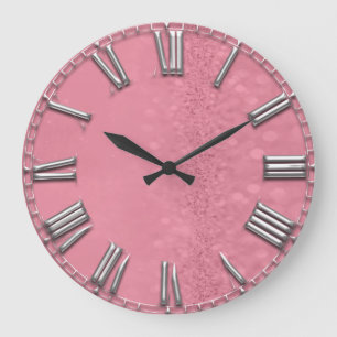 Raspberry Glitter Metal Grey Silver Roman Numbers Large Clock