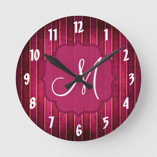Raspberry Gold Stripe Modern Hot Pink Wall Clock (Front)