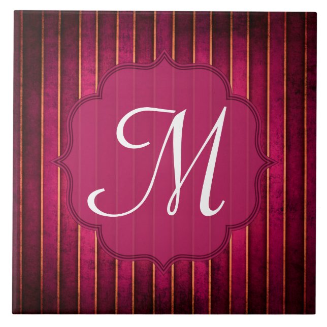 Raspberry Gold Stripe Modern Monogram Display Tile (Front)