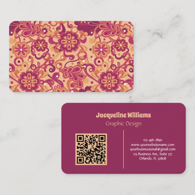 Raspberry Groovy Psychedelic 60s 70s Floral  Business Card (Front/Back)
