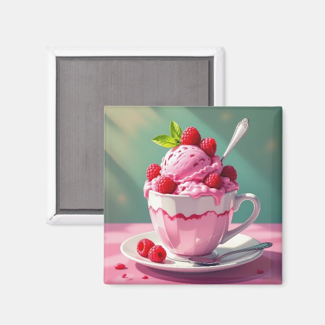 Raspberry Ice Cream in a Pink Coffee Cup Magnet (Front/Back)