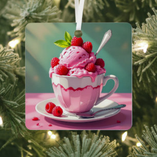 Raspberry Ice Cream in a Pink Coffee Cup Metal Tree Decoration