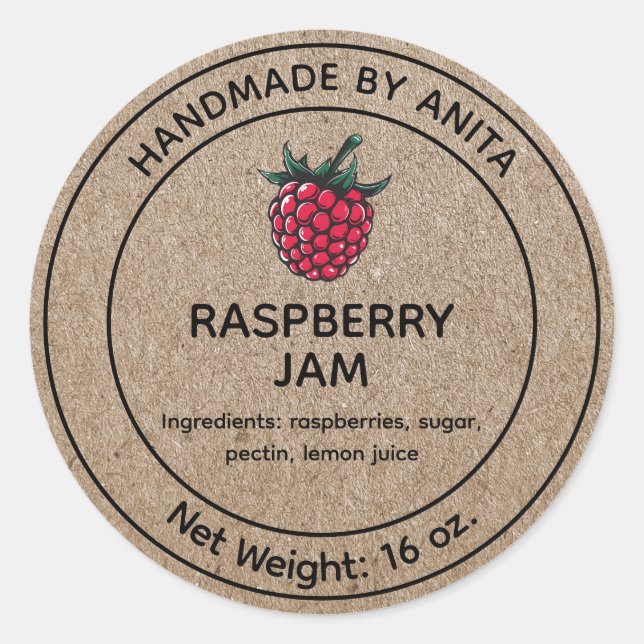 Raspberry Jam Jelly Jar Label Kraft Paper Style (Front)