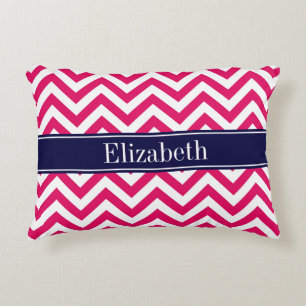 Raspberry Lg Chevron Navy Blue Name Monogram Decorative Cushion