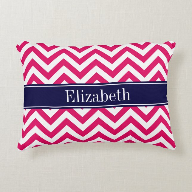 Raspberry Lg Chevron Navy Blue Name Monogram Decorative Cushion (Front)