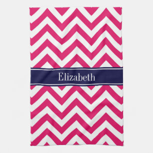 Raspberry Lg Chevron Navy Blue Name Monogram Tea Towel