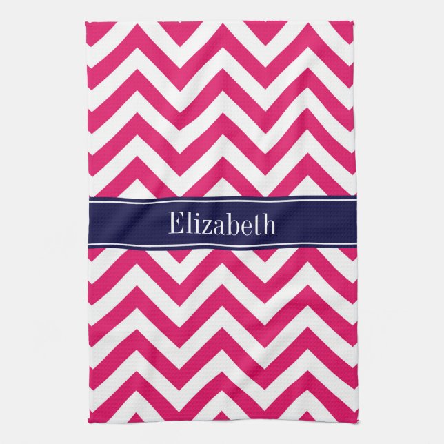 Raspberry Lg Chevron Navy Blue Name Monogram Tea Towel (Vertical)