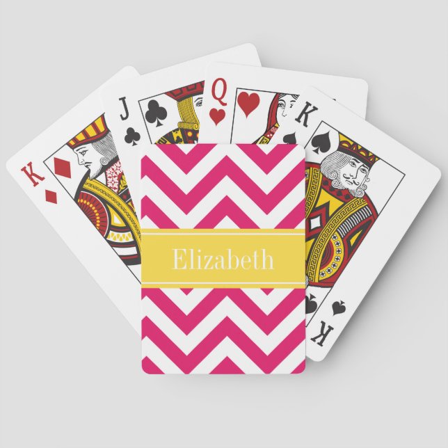 Raspberry Lg Chevron Pineapple Name Monogram Playing Cards (Back)