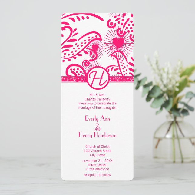 Raspberry Love Birds Wedding Invitation (Standing Front)