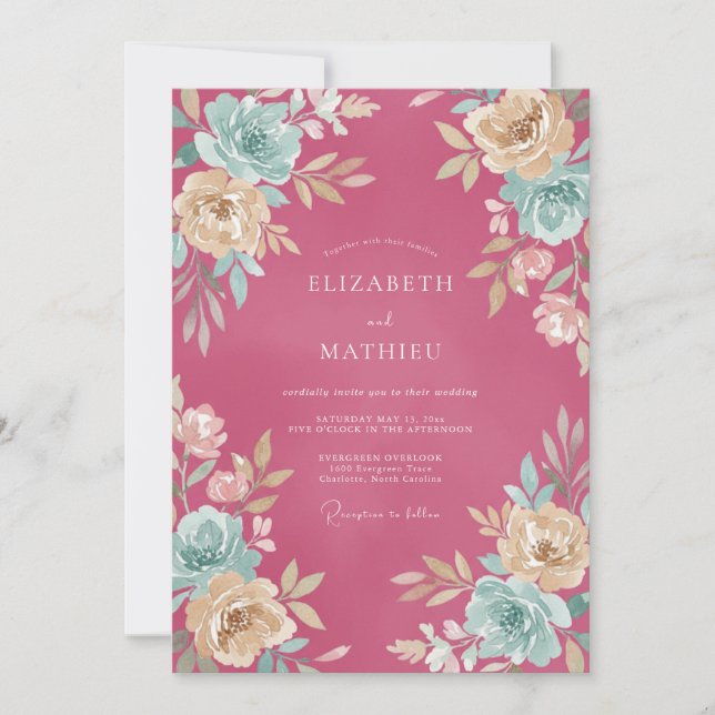 Raspberry Lush Watercolor Wedding Invitation (Front)
