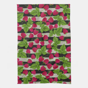 Raspberry Modern Black & White Stripes Tea Towel
